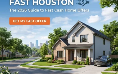 Modern suburban home with landscaped yard, featuring a car parked in the driveway, in a Houston neighborhood; promotional text overlay for fast cash home offers in 2026.