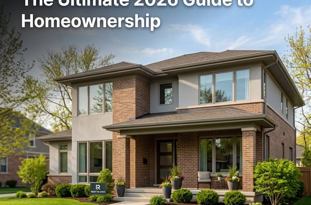 Modern two-story house with large windows, surrounded by green landscaping, featuring a "Rent to Own" sign, relevant to homeownership guidance in Houston.