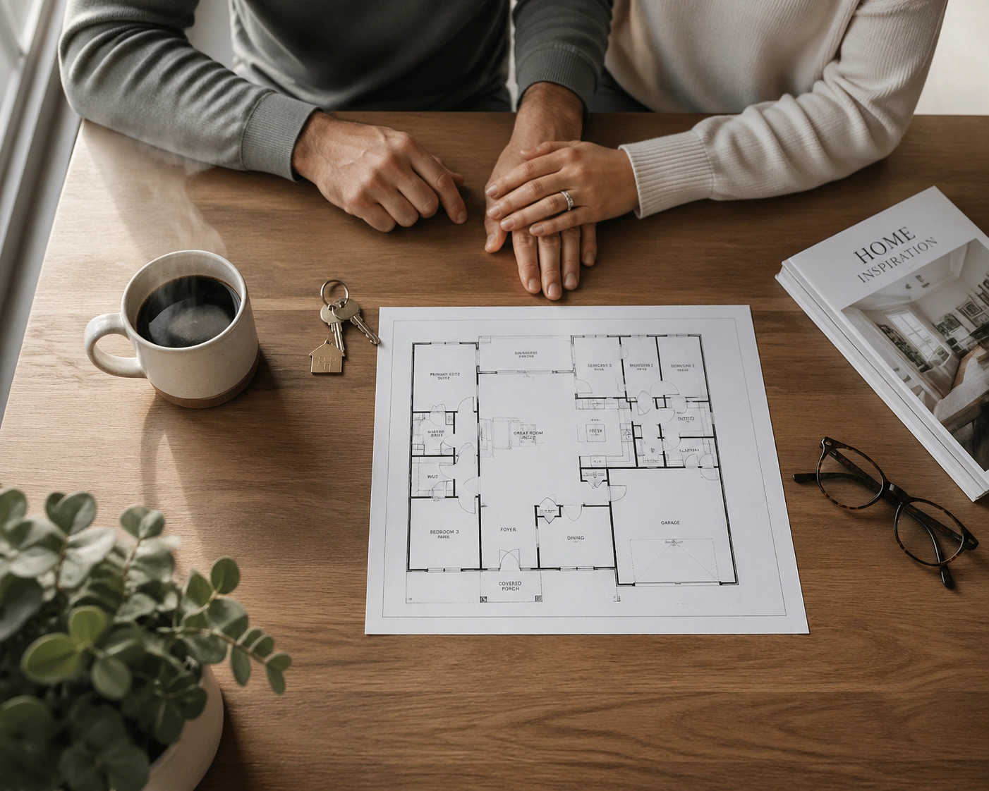 Home buyers reviewing floor plans and house keys, reflecting a patient buying process.
