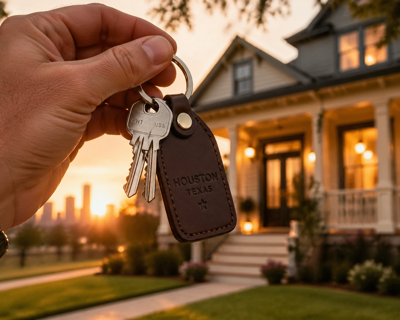 Keys to a Houston home with a sunset porch background, representing a successful investment.