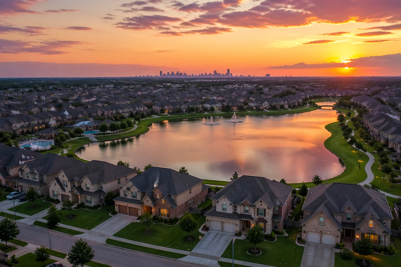 Master-planned neighborhood in Pearland with lakeside family homes near the Houston Medical Center.