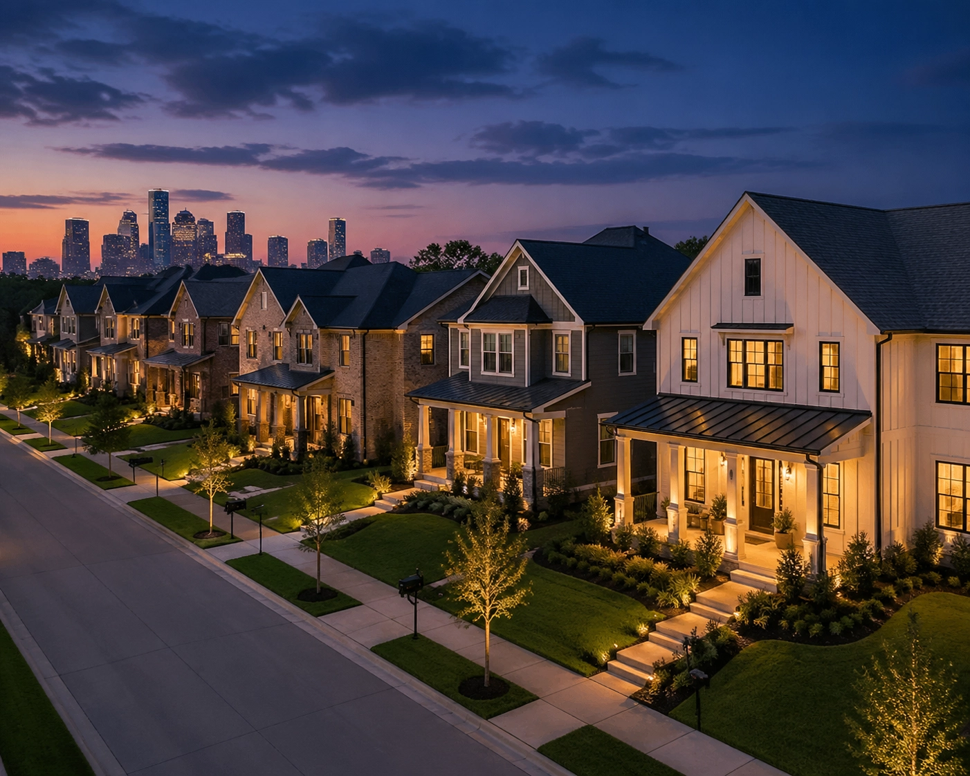 Modern Houston suburban street showing healthy home inventory in a balanced real estate market.