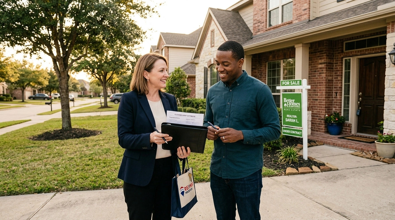 Real estate agent and buyer negotiating closing costs in front of a house, with a friendly professional tone and a Houston suburban setting.
