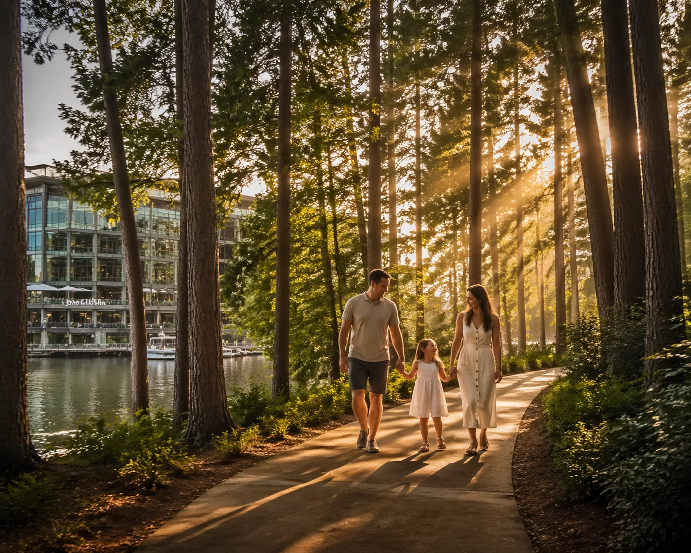 Family walking on a forested nature trail near Hughes Landing in The Woodlands, Texas.