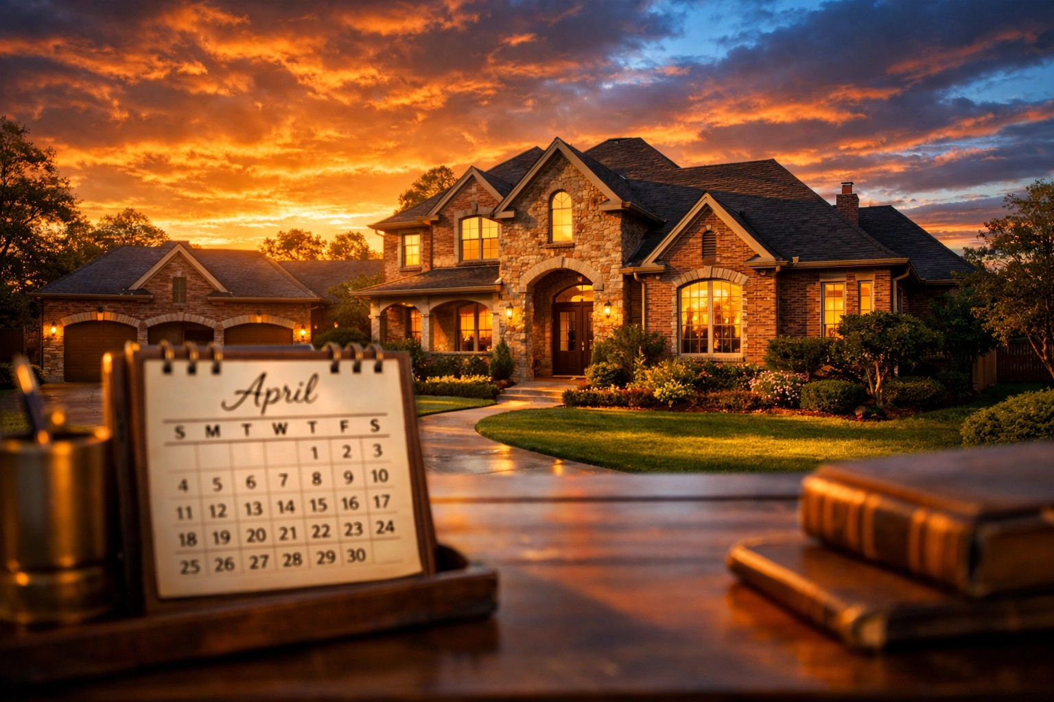 Brick Houston home at sunset next to a calendar marking the April tax protest deadline.