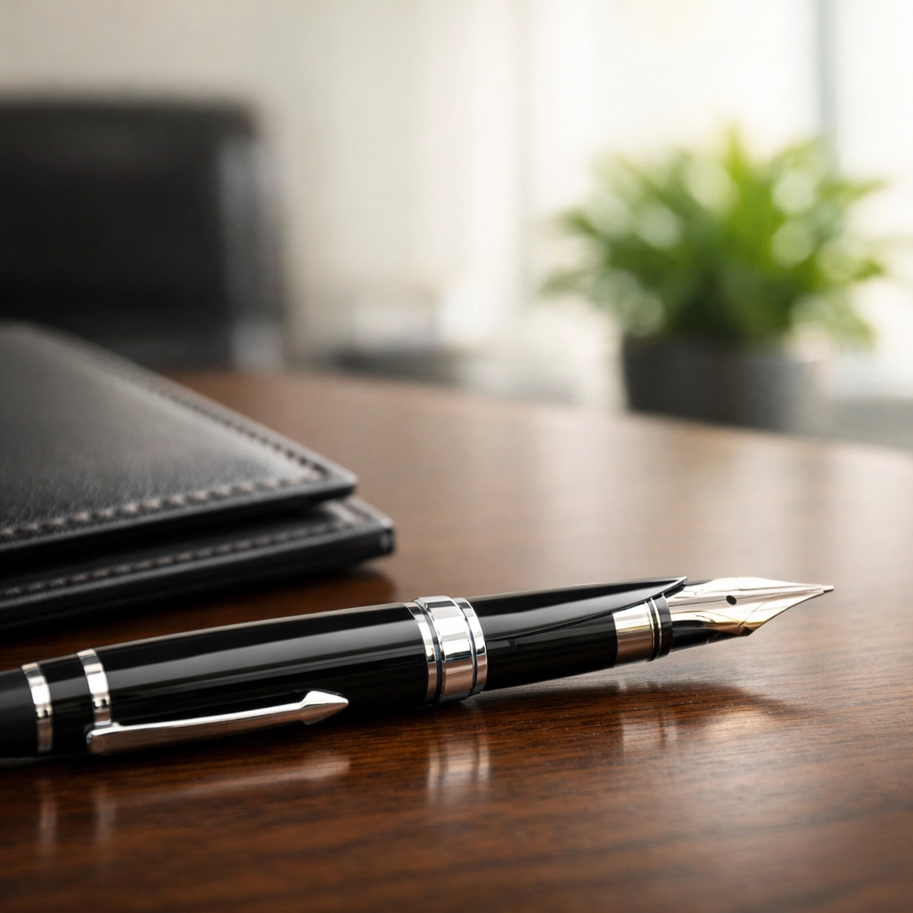 Fountain pen and document folder on a modern desk for signing a Houston rent-to-own lease-option contract.