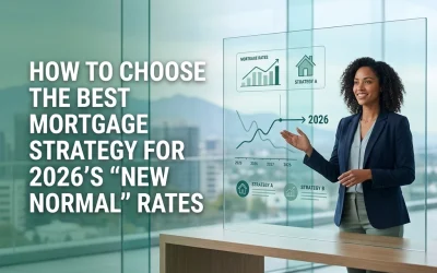 Woman presenting mortgage strategy options for 2026 with financial graphs and data in a modern office setting.
