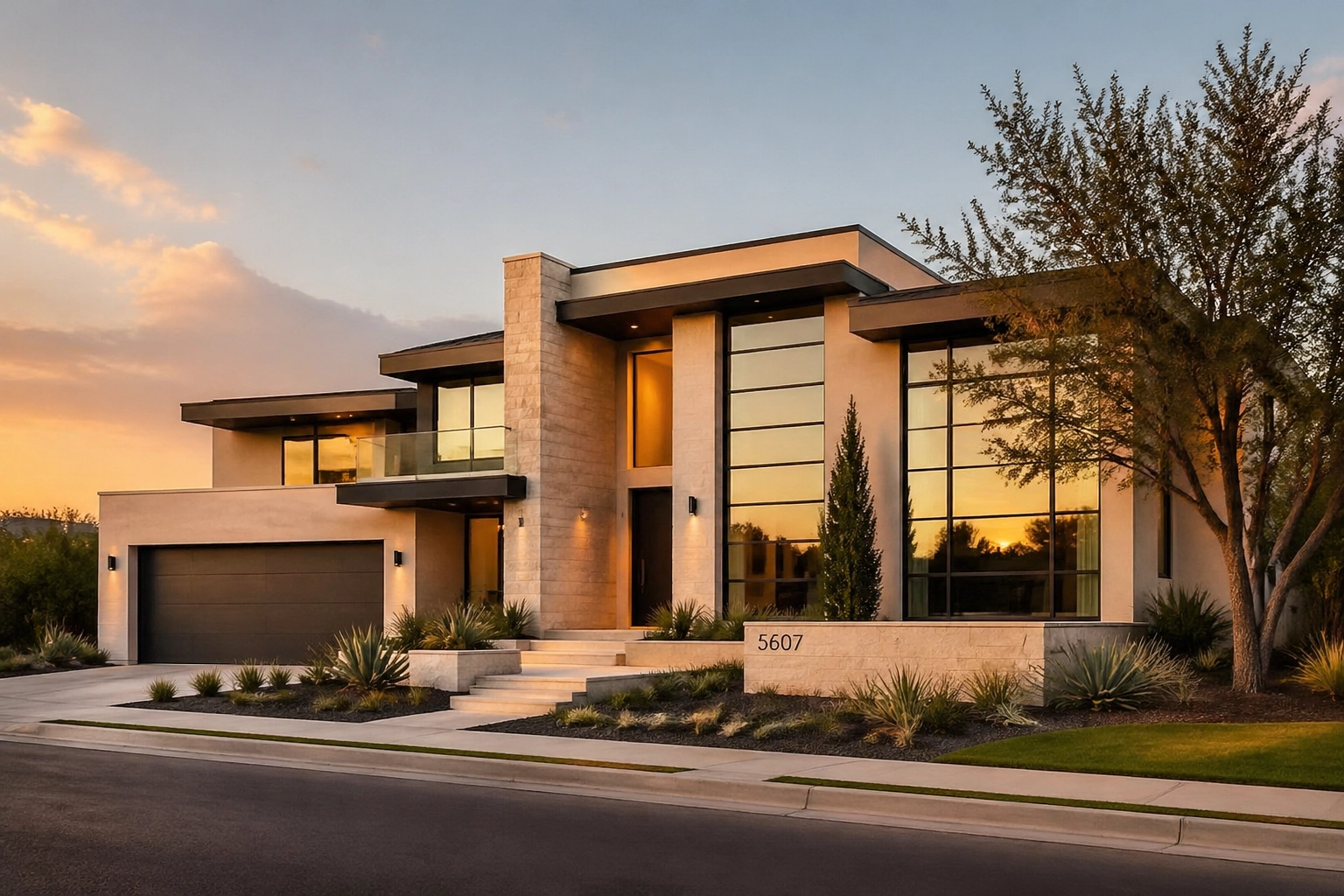 Modern Houston home at sunset representing stability in the 2026 real estate market.