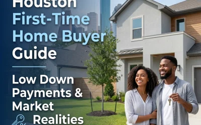 Houston First-Time Home Buyer Guide featuring a couple standing in front of a modern home, smiling and holding keys, emphasizing low down payments and market realities.