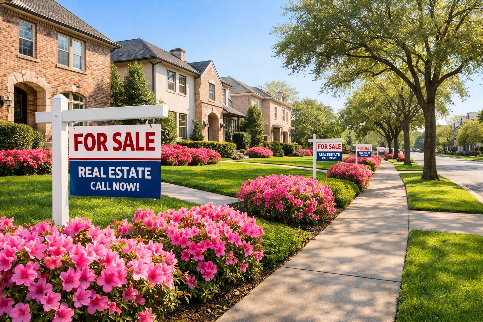 Suburban Houston street with multiple for sale signs in front of brick homes during spring.