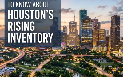 Houston skyline at dusk with text overlay about rising inventory, highlighting real estate trends in the Houston area.