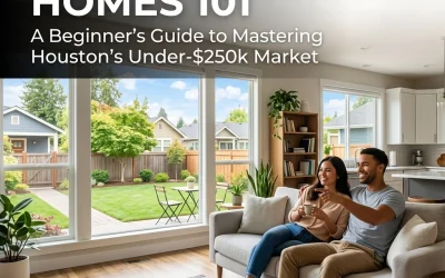Couple sitting on a couch in a well-lit living room, enjoying a moment together, with large windows showcasing a backyard view, emphasizing Houston's under-$250k housing market.
