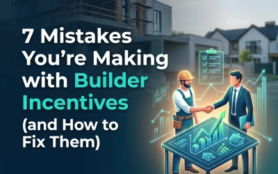 Image illustrating "7 Mistakes You’re Making with Builder Incentives," featuring a builder and a businessman shaking hands over a blueprint with graphs, emphasizing real estate strategies and incentives in the Houston market.