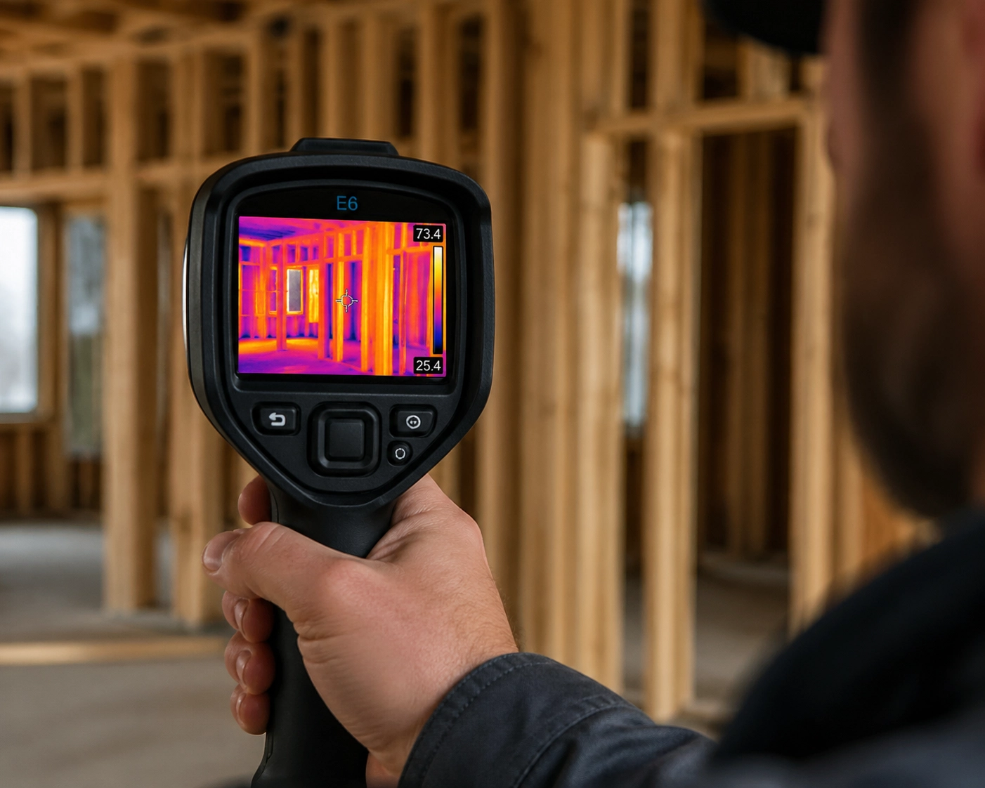 Professional home inspector using a thermal camera to find hidden defects in a new Houston build.
