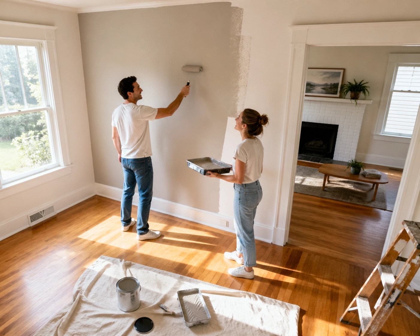 First-time homebuyers building sweat equity by painting the living room of their Houston starter home.
