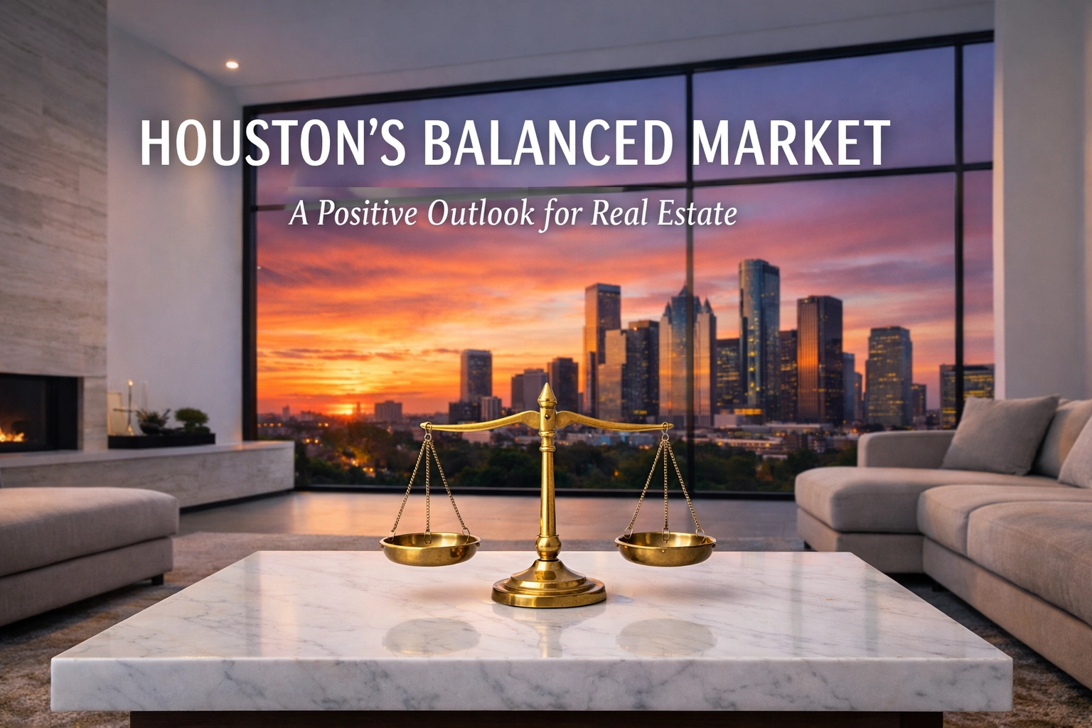 Houston skyline at sunset with a balance scale on a marble table, symbolizing a balanced real estate market and positive outlook for buyers.