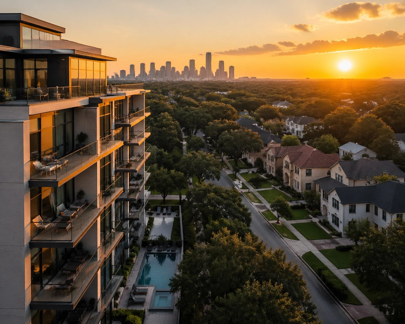 Houston luxury apartment complex next to suburban single-family homes during sunset.