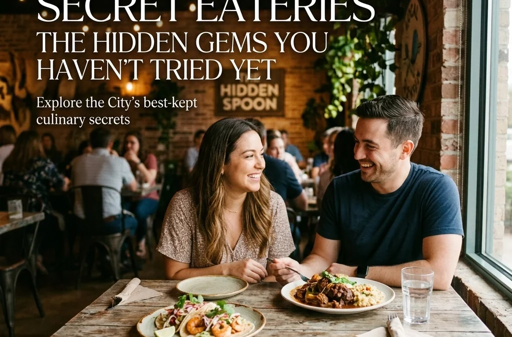 Couple enjoying a meal in a cozy restaurant, featuring dishes on the table, with a focus on hidden culinary gems in Sugar Land.