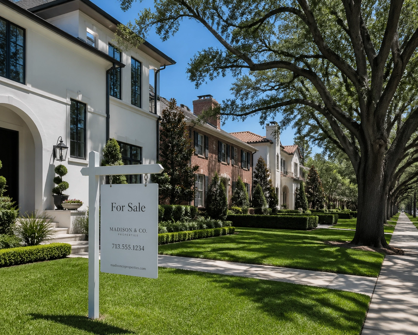 Houston residential street with a for sale sign, illustrating balanced market inventory.