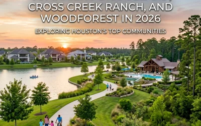 Master-planned communities in Houston, featuring scenic lake views and recreational areas, highlighting Cross Creek Ranch and Woodforest in 2026.