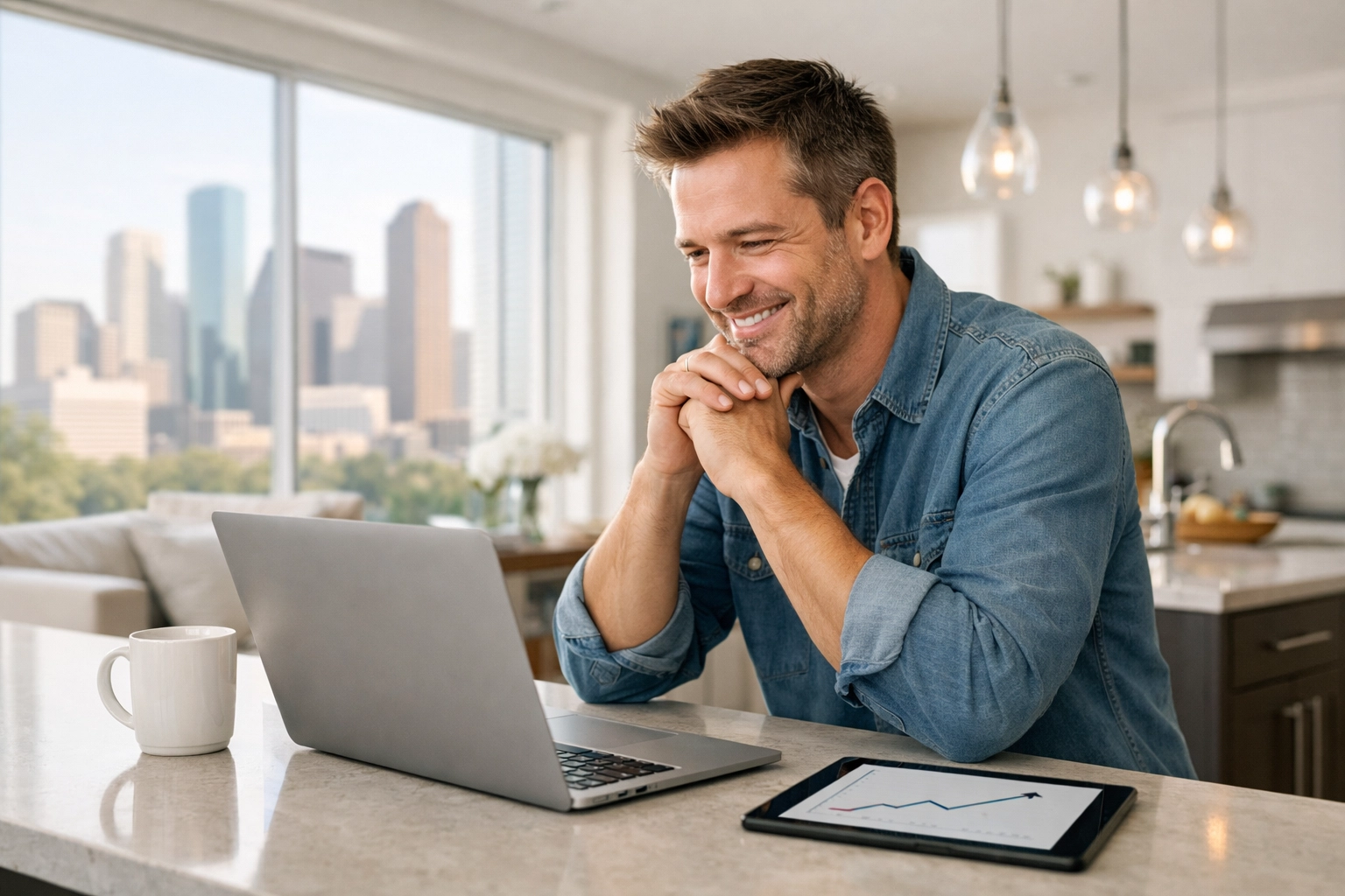 A Houston homeowner smiling while successfully resolving a property tax protest settlement on a laptop.