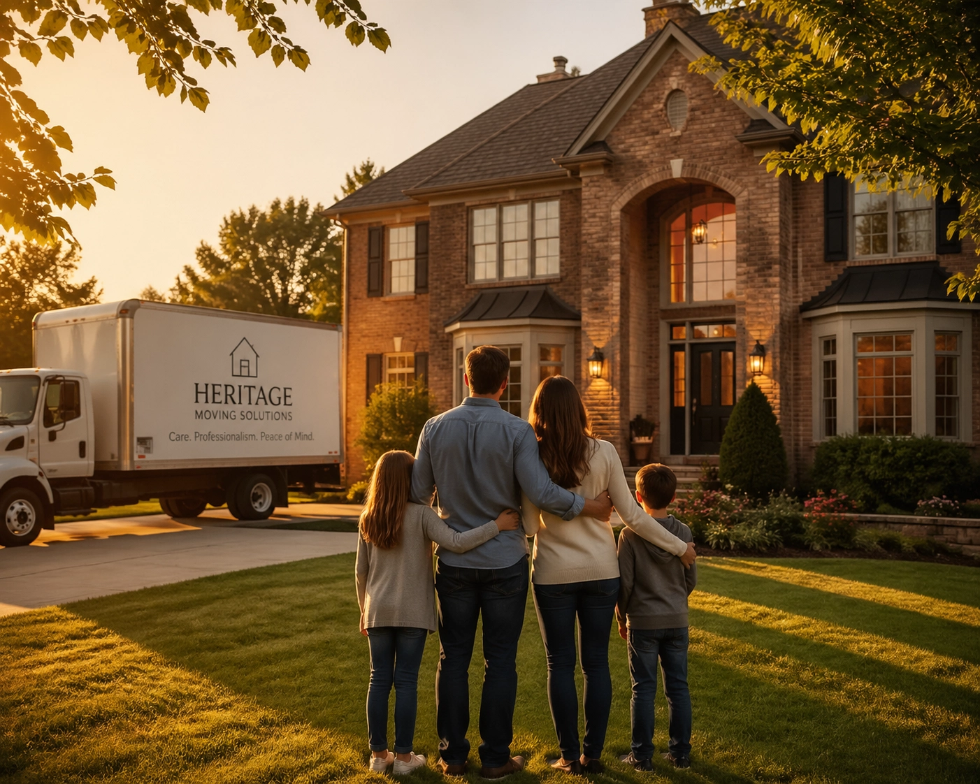 Family celebrating a successful home trade-up transition in an upscale Houston suburb.
