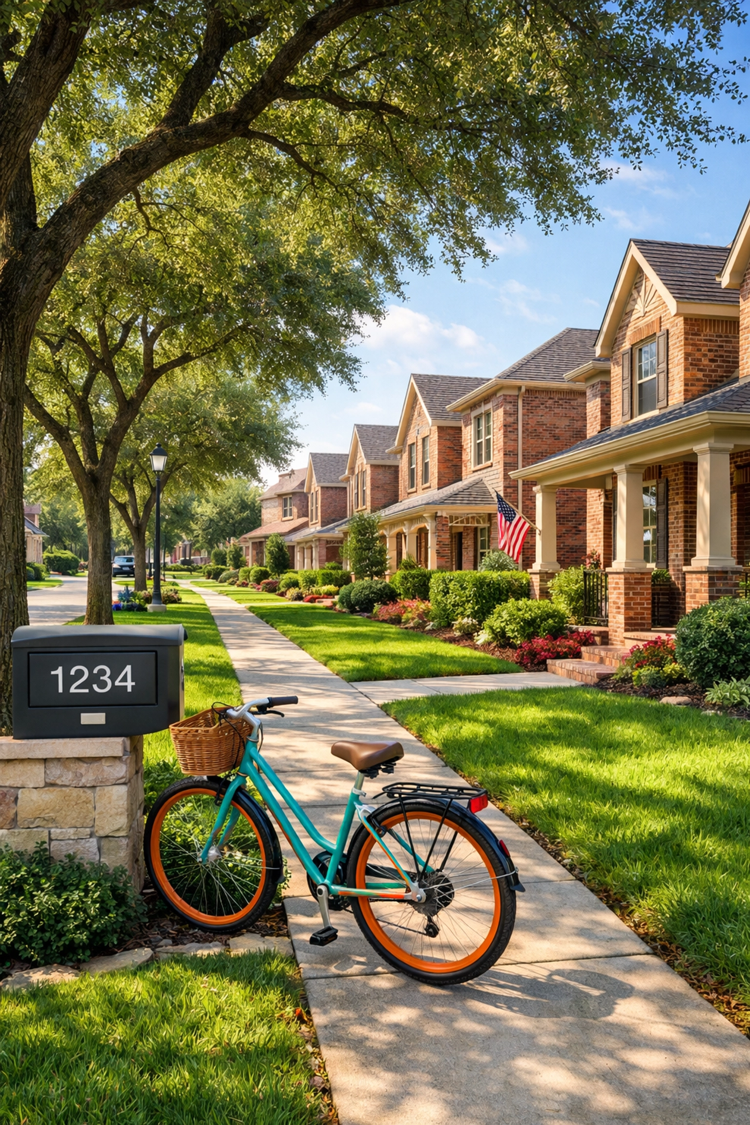 A peaceful Houston residential street with brick homes and green lawns in a local suburban neighborhood.