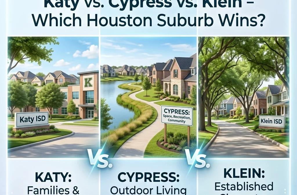 Katy vs. Cypress vs. Klein comparison graphic highlighting family-friendly amenities, outdoor living, and established communities in Houston suburbs.