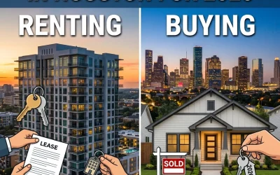 Image comparing renting and buying in Houston, featuring a modern apartment building on the left with keys and a lease, and a sold house on the right with a suburban backdrop and keys, highlighting the real estate choices for 2026.