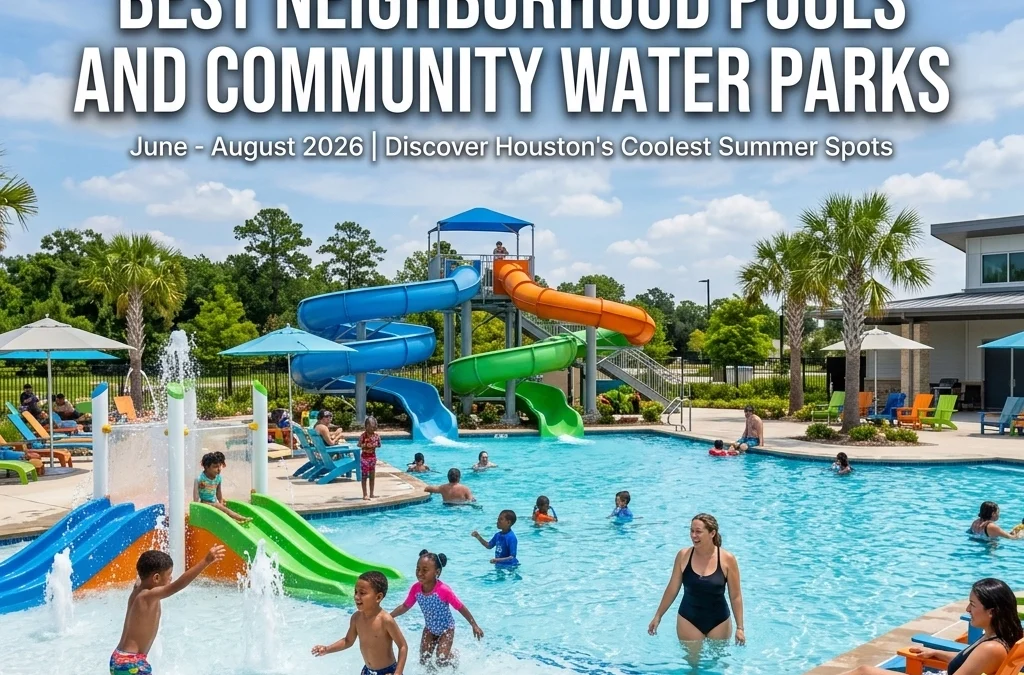 Colorful water slides and families enjoying a community pool, highlighting Houston's best neighborhood pools and water parks for summer 2026.