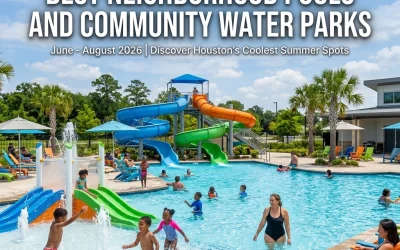 Community pool with water slides and families enjoying summer activities, highlighting Houston's best neighborhood pools and water parks for summer 2026.