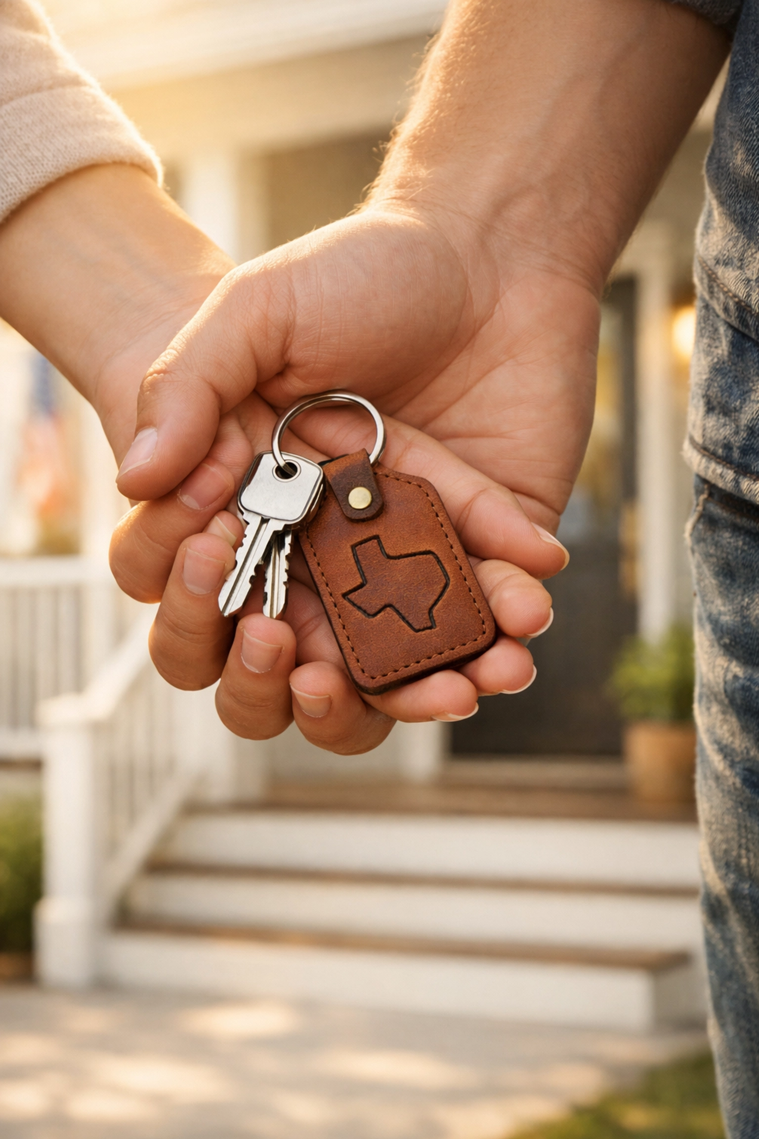 Hands holding house keys with a Texas-shaped keychain, symbolizing homeownership and first-time buyers in Houston's real estate market.