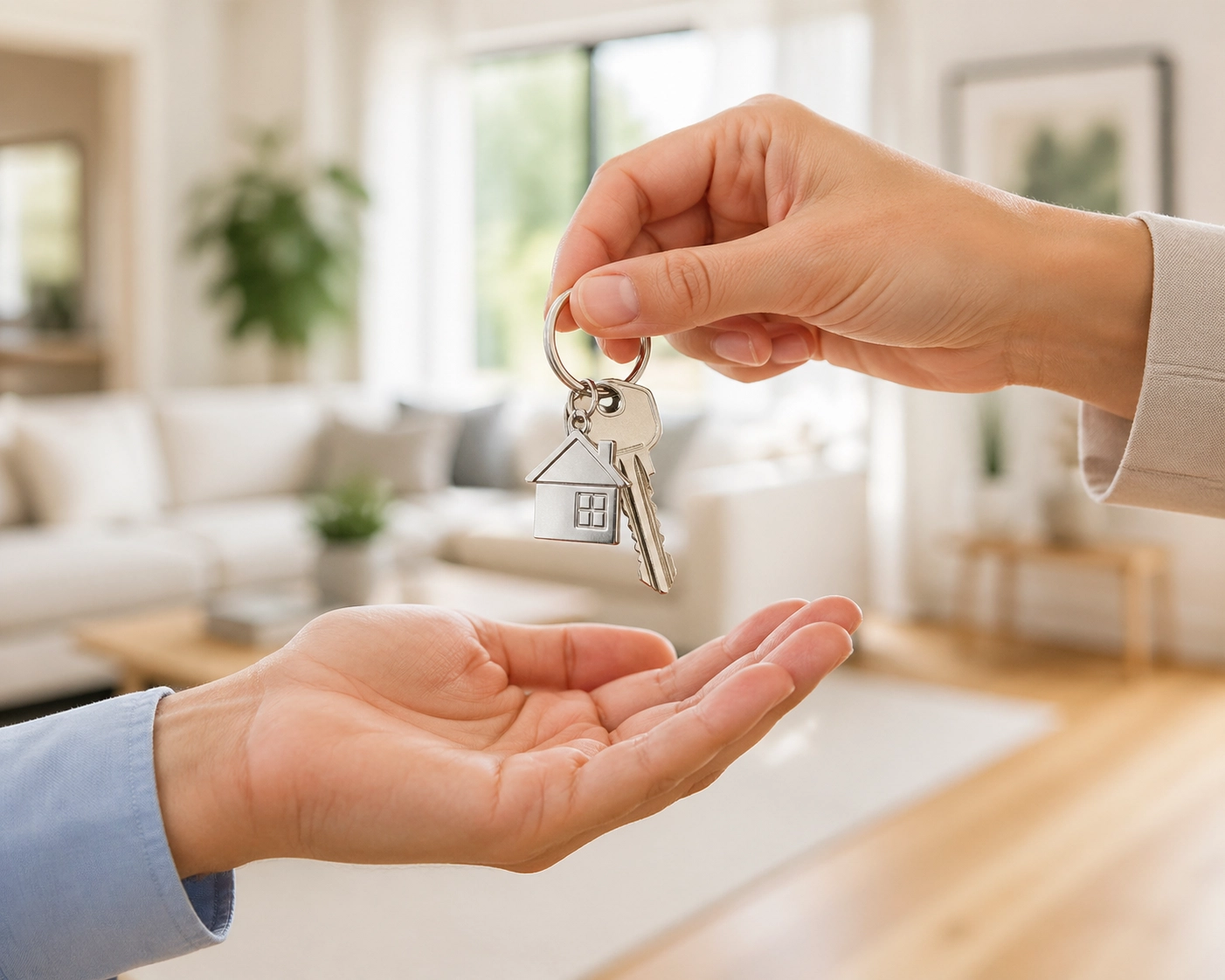 Close-up of a house key exchange in a sun-drenched Houston living room for rent-to-own.