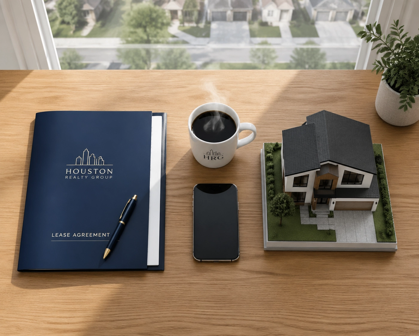 Desktop with a rental lease agreement and a miniature house model comparing renting versus buying.