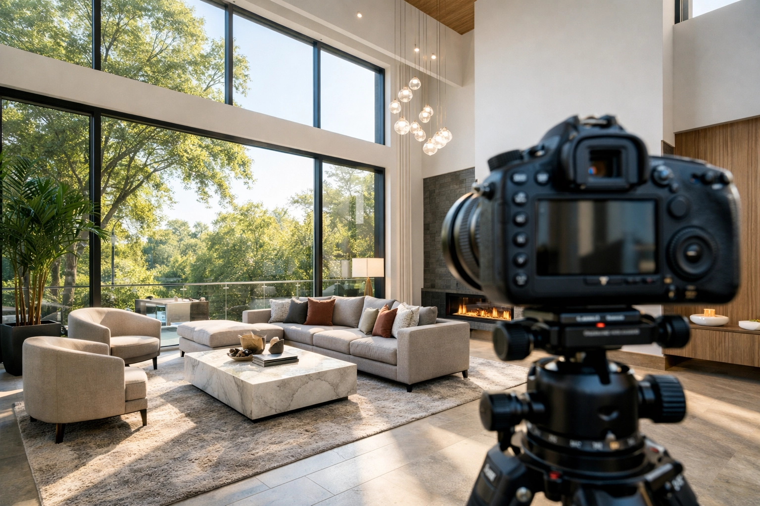 Professional real estate photographer setup capturing a bright, modern Houston living room.