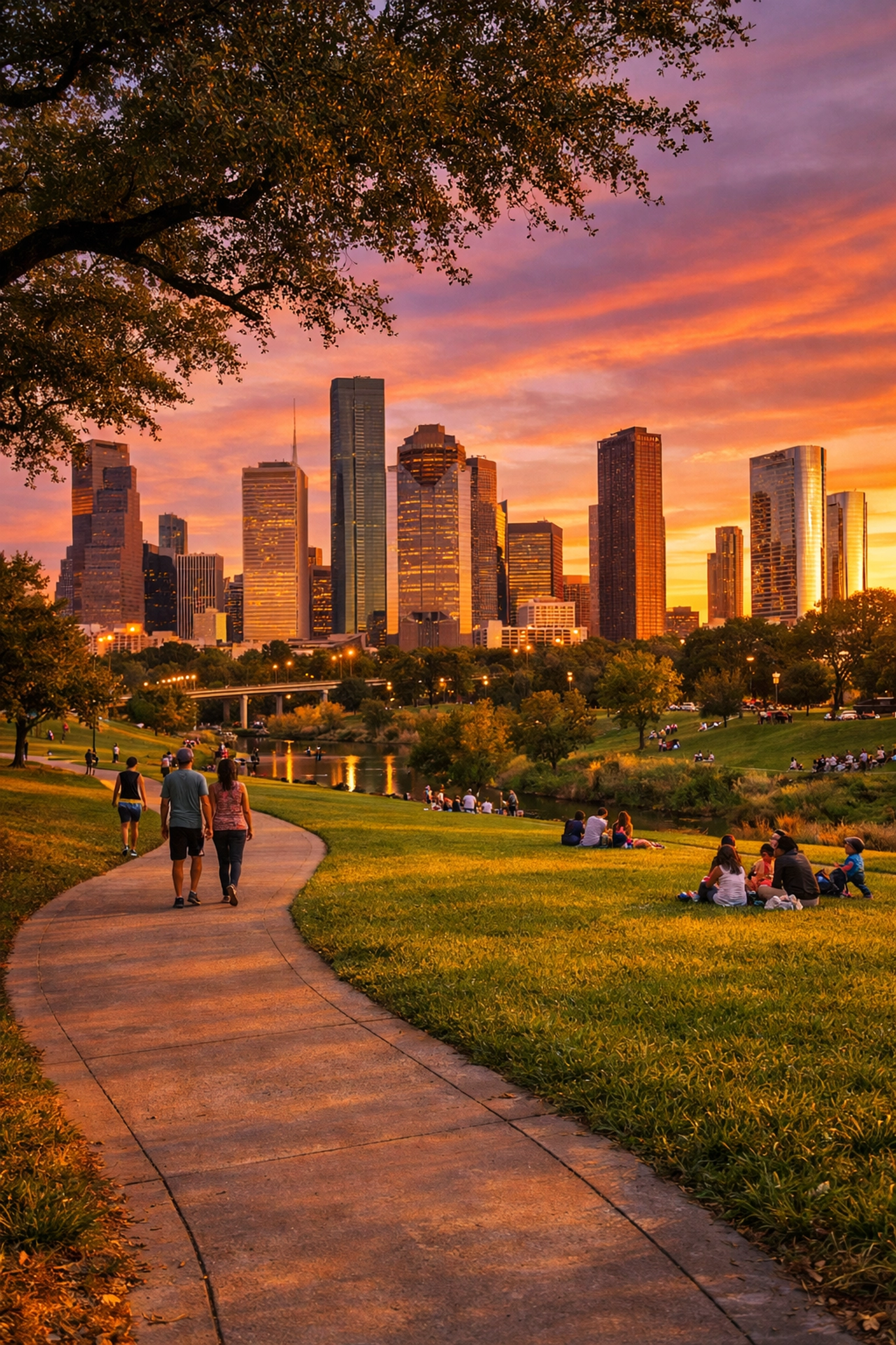 Vibrant Houston community park and walking trail with city skyline at golden hour.