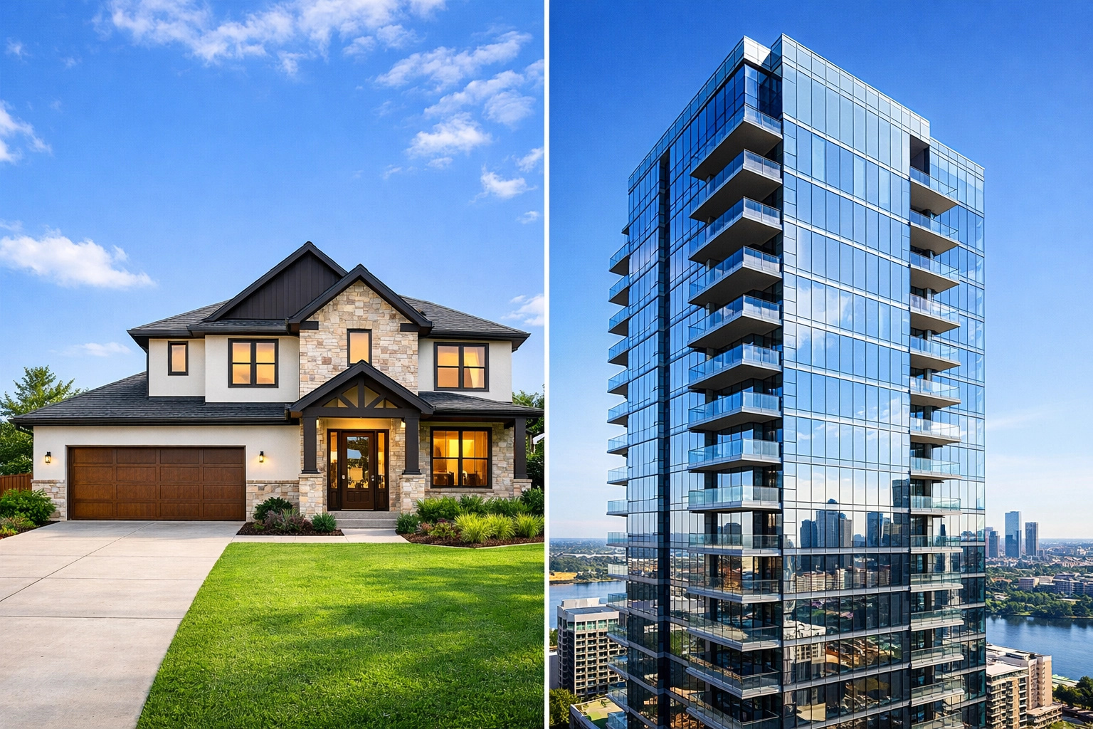 Split view comparing a modern Houston single-family home with a luxury urban high-rise condo building.