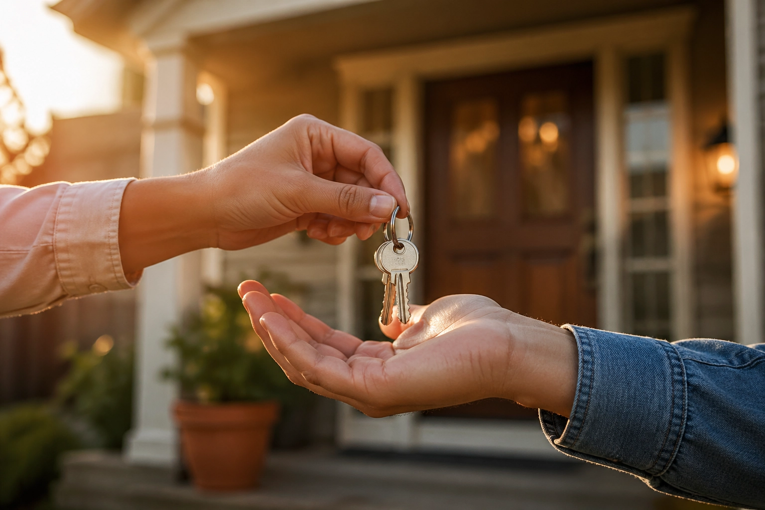 A set of house keys being handed over to a new homeowner on a suburban Houston front porch.