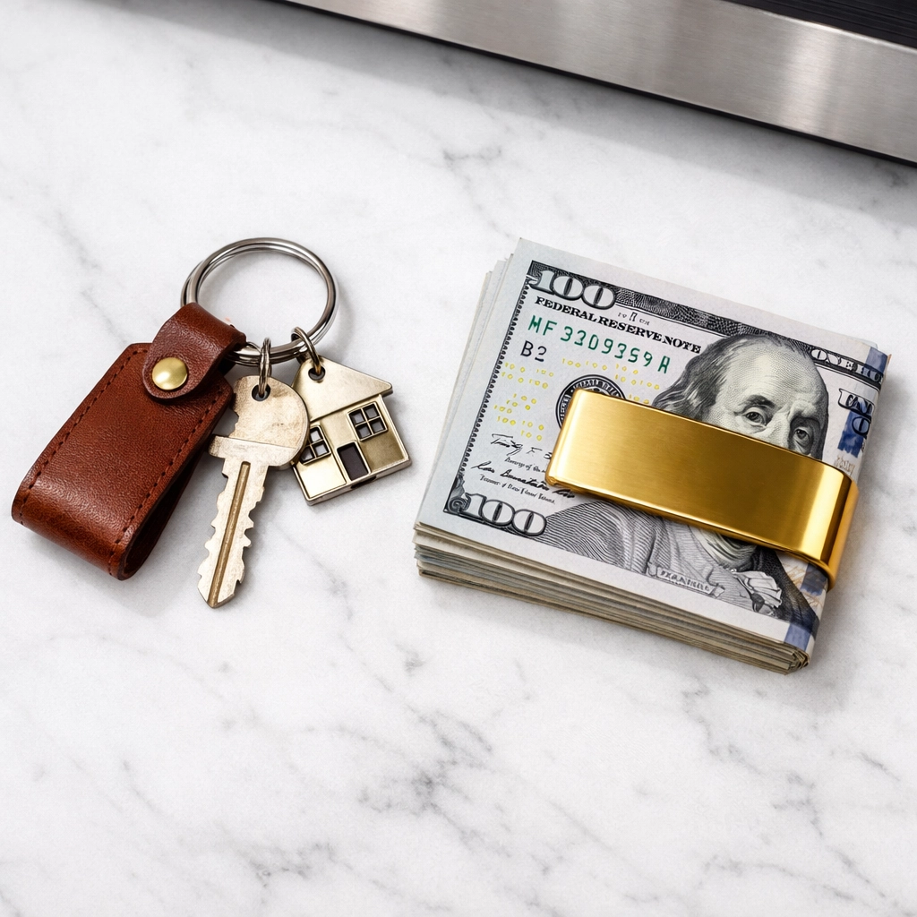 House keys and a stack of cash on a counter showing savings earned from a successful property tax protest.