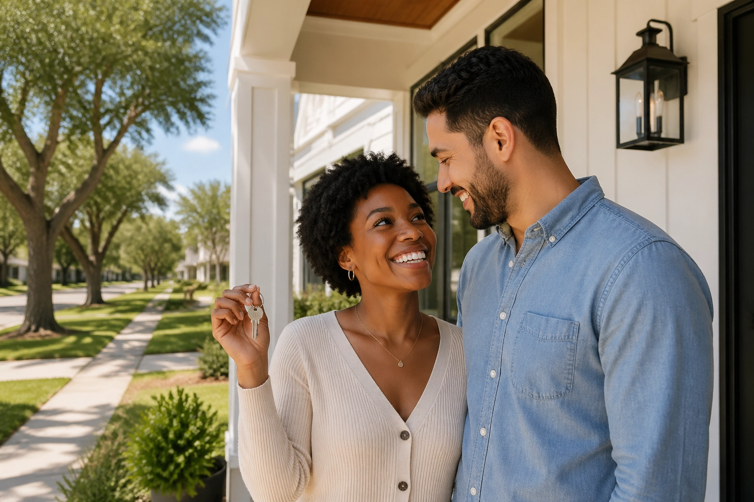 Happy couple holding keys to their new modern farmhouse home in a quiet Houston suburb.