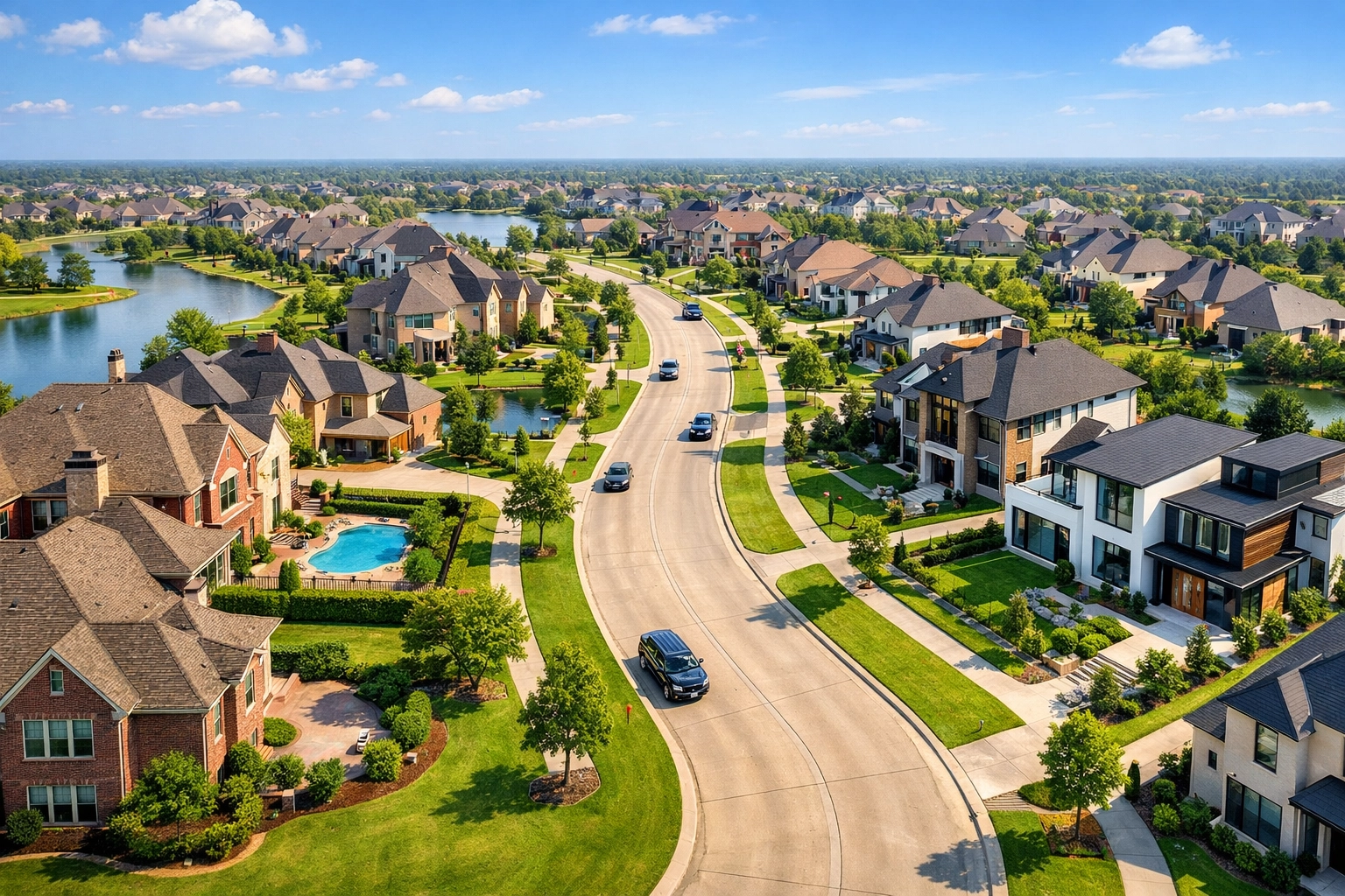 Aerial view of a high-end Houston suburban neighborhood in Katy showing luxury homes for sale in 2026.