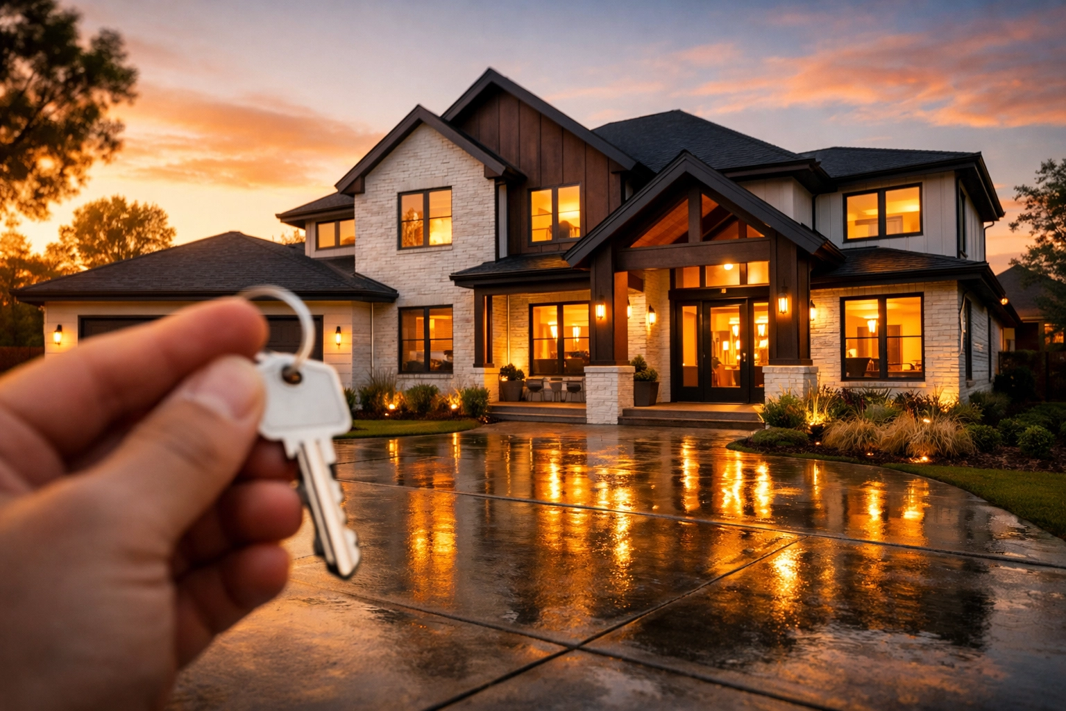 Hand holding a house key in front of a white brick Houston home during sunset, showing homeownership goals.