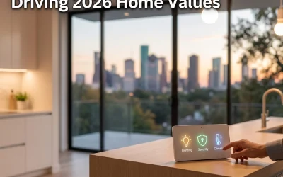 Smart home technology display on kitchen countertop with Houston skyline in background, emphasizing trends driving 2026 home values.