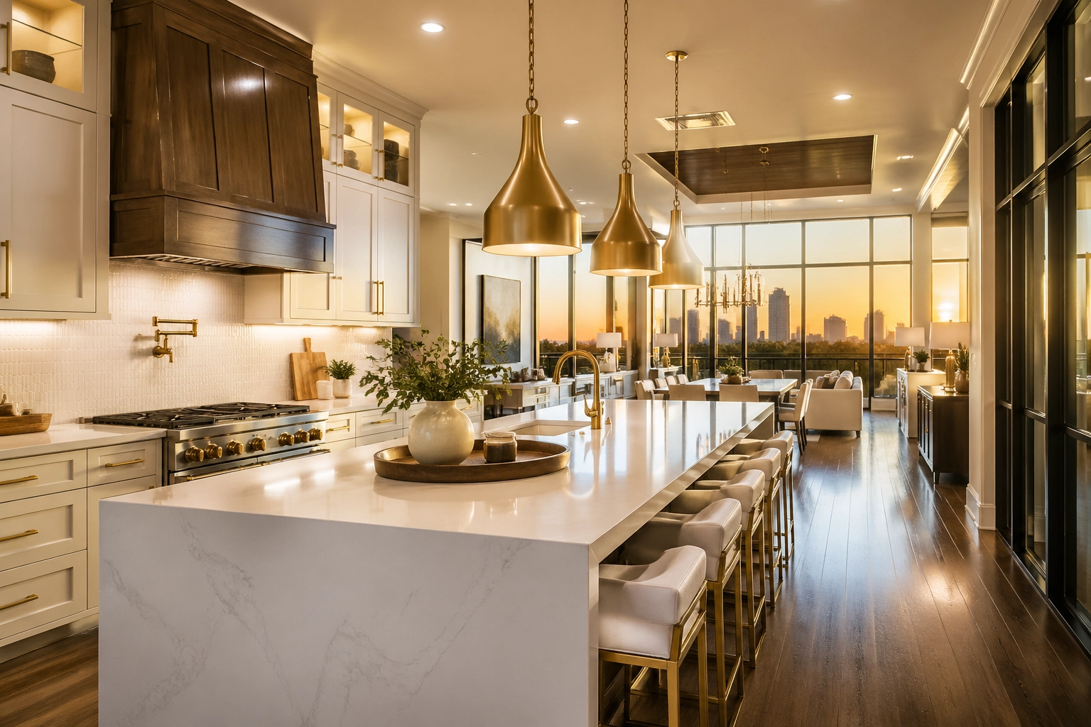 Luxury Houston model home kitchen featuring high-end quartz countertops and designer lighting upgrades.