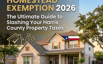 House with Texas flag and text overlay about Homestead Exemption 2026, highlighting property tax savings in Harris County.