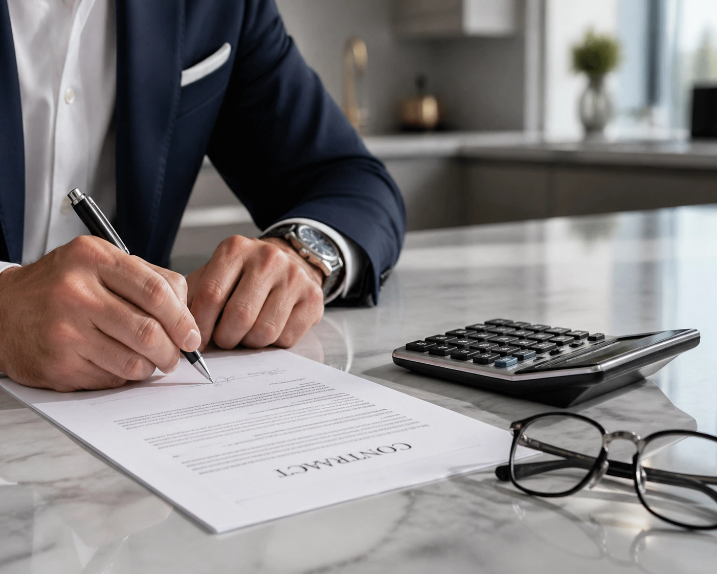 Close-up of a buyer signing a real estate contract and negotiating mortgage terms on a marble desk.