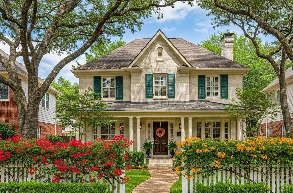 Beautiful Houston home exterior with lush landscaping, vibrant flowers, and welcoming front porch, ideal for showcasing real estate opportunities in the Houston market.