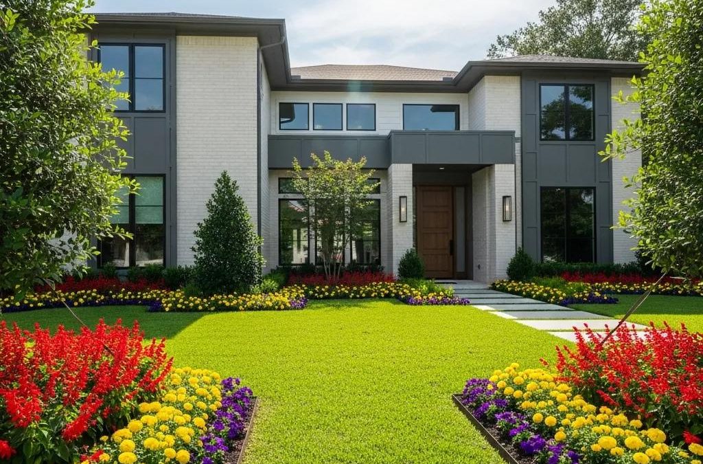 Beautiful modern Houston home with lush front yard featuring vibrant flowers, ideal for real estate listings.