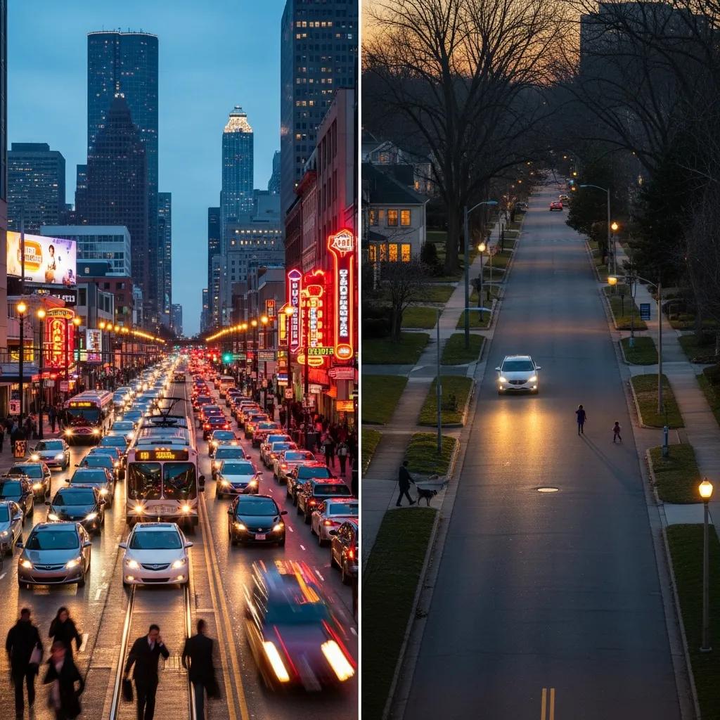 Busy urban street in Houston during rush hour, contrasting with a peaceful suburban road, highlighting commute challenges