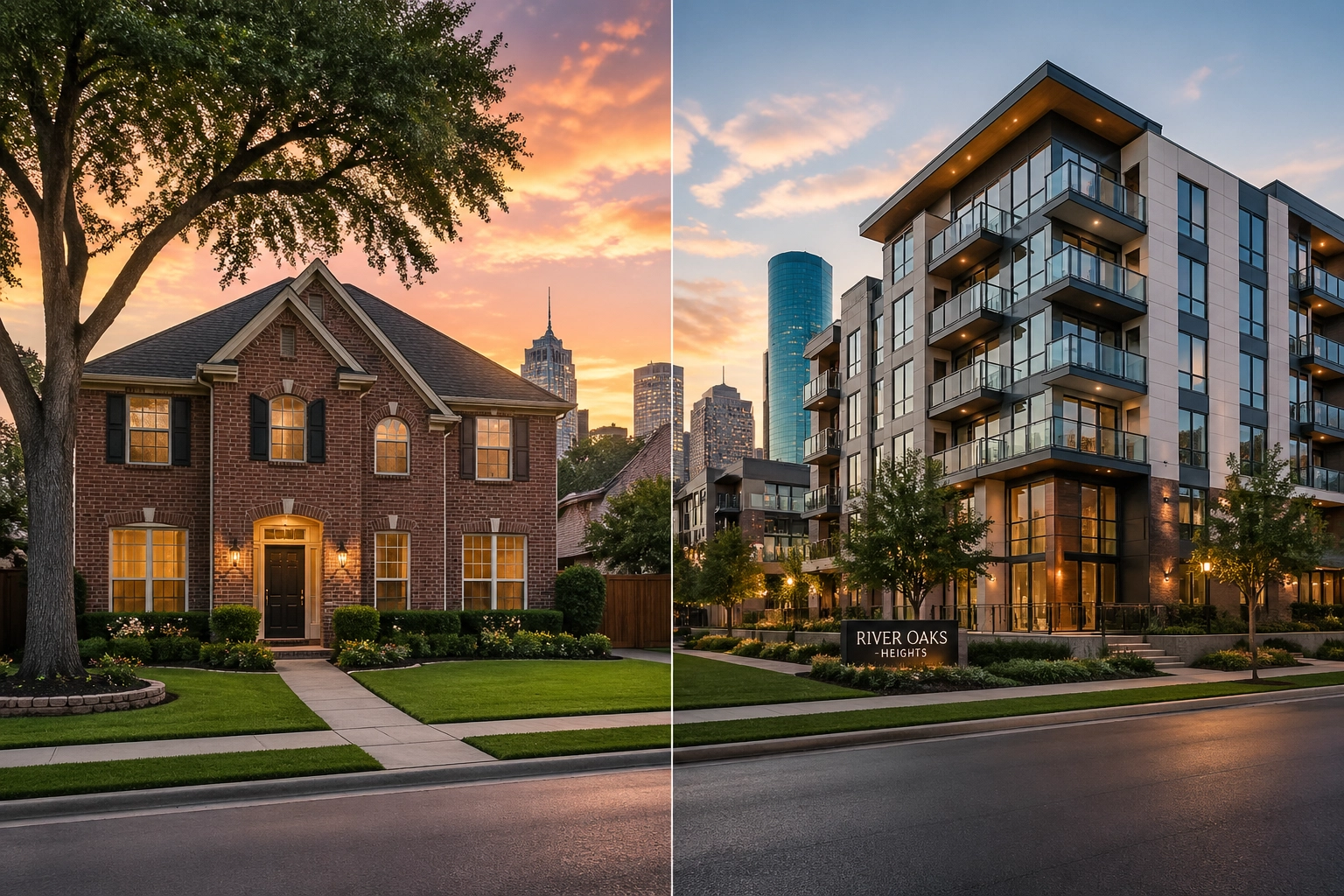 Side-by-side comparison of a traditional Houston brick home and a modern luxury apartment complex.